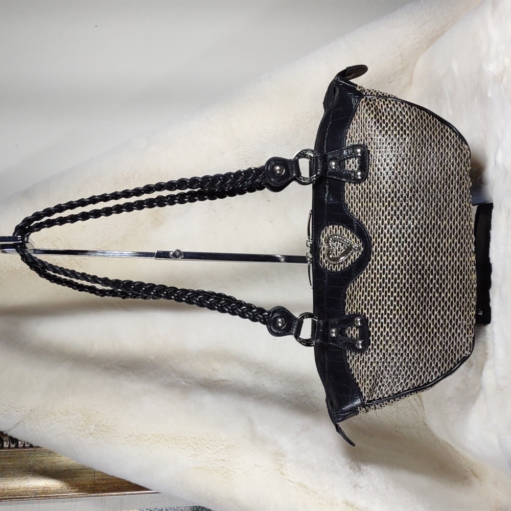 MC Marc Chantal Woven Rattan/Croc Embossed Leather Shoulder Bag